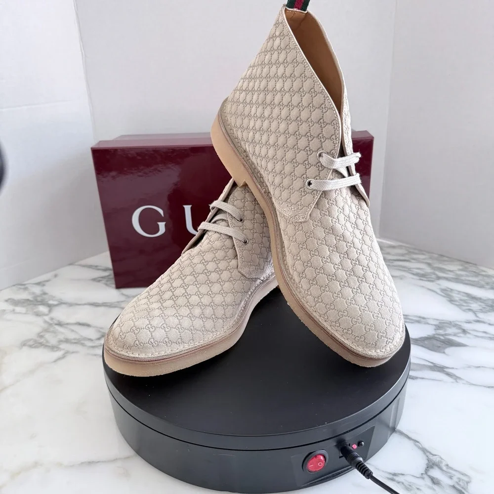 GUCCI GG Suede Desert Boots Embossed Oatmeal Tan Shoe, G 9